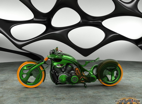 M-Org Chopper概念车 绿色双轮摩托骑士