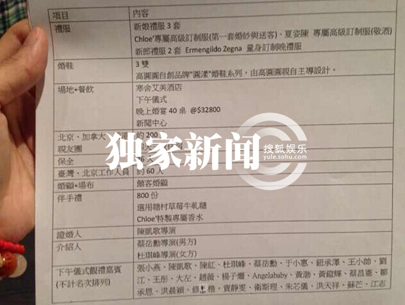 独家: 高圆圆 赵又廷 婚礼 流程和 嘉宾名单 曝光