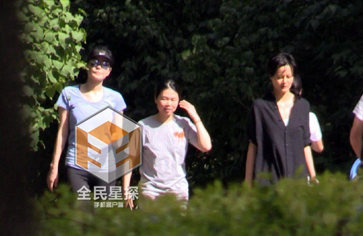 王菲同友人公园散步 身材纤细气色好